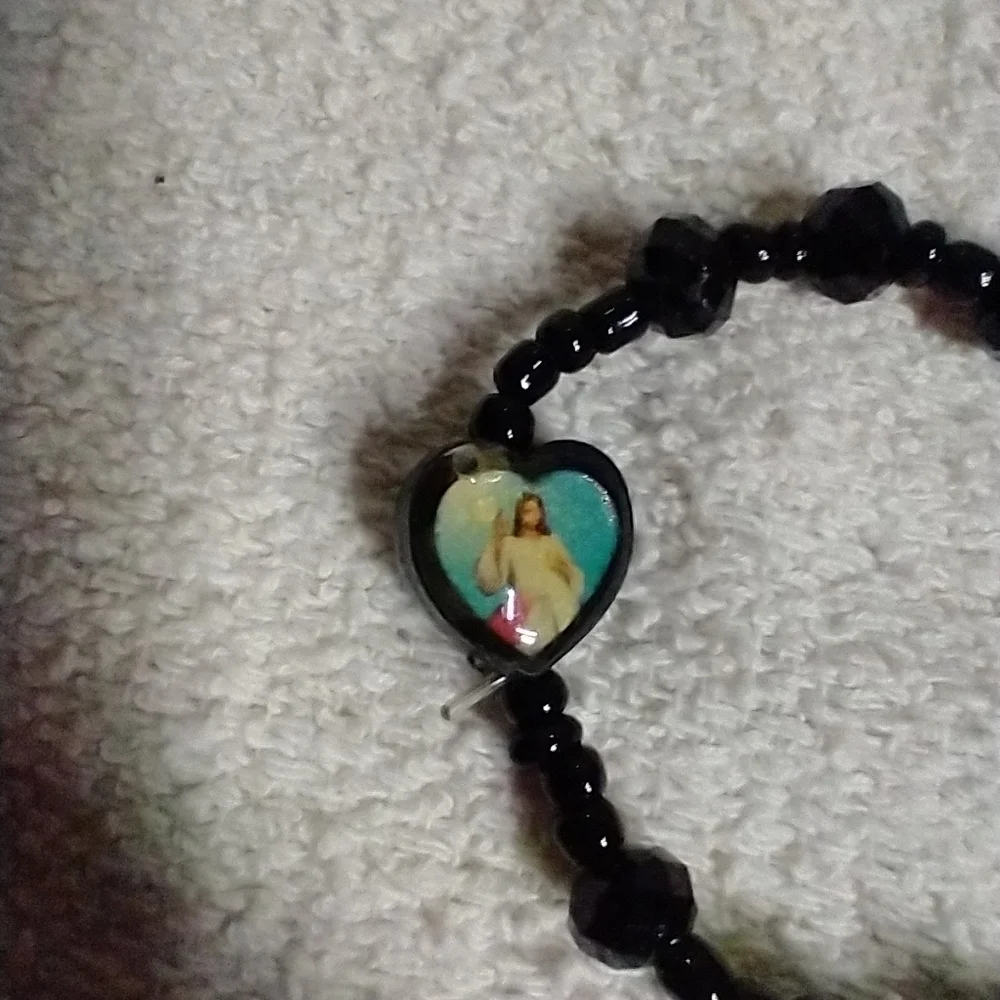 Small black stretch Jesus Mary christian catholic religious bracelet